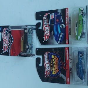 3 Hot Wheels 55 chevy panel, rolling thunder, Cadillac 59 funny car. collectabl